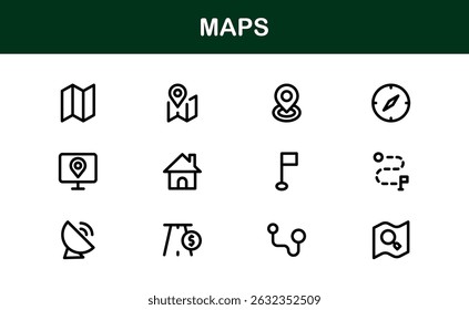 Modern Map Icon Collection. Minimal Vector Designs for Navigation and Location Services