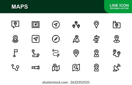 Colección moderna del icono del mapa. Diseños mínimos de Vector para los servicios de navegación y Locación