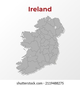 Un mapa moderno de Irlanda con una división en regiones, sobre un fondo gris con un título rojo.