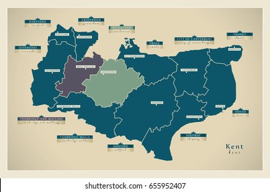 Modern Map - Kent county with details UK illustration