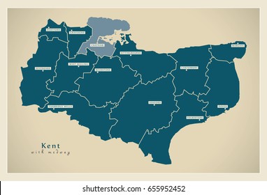 Modern Map - Kent county with districts including Medway UK illustration