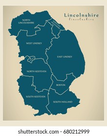 Modern Map - Lincolnshire county with detailed captions UK illustration