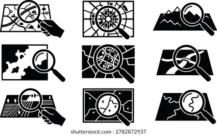 Modern map and location search silhouette icon set featuring a magnifying glass over diverse geographical terrains for travel navigation and