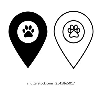 Modern map marker icons featuring dog or cat paw prints, perfect for pet-related businesses, veterinary clinics, animal services apps, and location-based pet service directories.