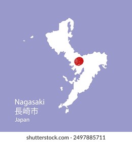 Modern map of Nagasaki city, Japan on isolated blue tone color. Vector, illustration. Japan Flag. Nagasaki is written in Japanese language.