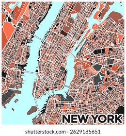 Modern Map Of New York. Map With White Street And Colorful Land. Artistic Wall Decor. Artistic And Creative Street Map Of New York, USA.