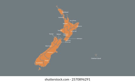 Modern Map of New Zealand with Interactive Features, Flat design New Zealand outline map.