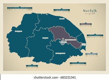 Modern Map - Norfolk County With District Labels And Cities UK Illustration