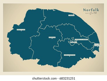 Modern Map - Norfolk County With Districts And Cities UK Illustration