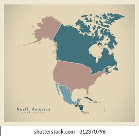 Modern Map - North America Map with countries colored complete