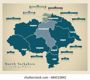 Modern Map - North Yorkshire county with labels England UK illustration svg