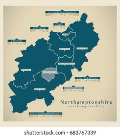 Modern Map - Northamptonshire county with district labels England UK illustration