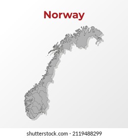 Un mapa moderno de Noruega con una división en regiones, sobre un fondo gris con un título rojo.