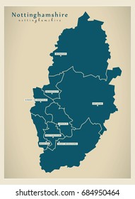 Modern Map - Nottinghamshire county with cities and districts England UK illustration