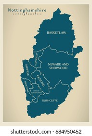 Modern Map - Nottinghamshire county with district captions England UK illustration