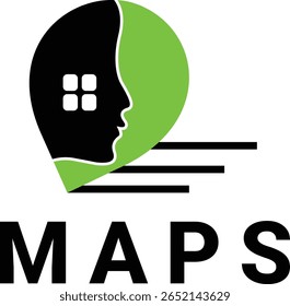 Modern map pin logo with a human face silhouette and four square icons. Perfect for navigation, GPS, or location-based apps.