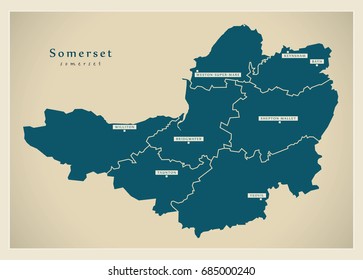 Modern Map - Somerset county with cities and districts England UK illustration