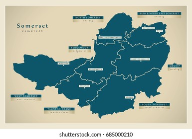 Modern Map - Somerset county with district labels England UK illustration