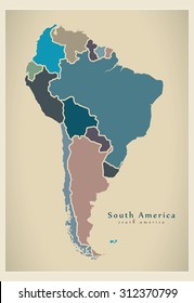 Modern Map - South America with all countries complete colored