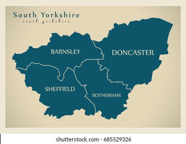 Modern Map - South Yorkshire Metropolitan County with district captions England UK illustration