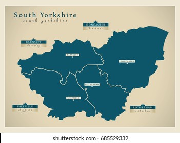 Modern Map - South Yorkshire Metropolitan County with district labels UK illustration