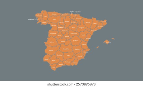 Modern Map of Spain with Interactive Features, Flat design Spain outline map.