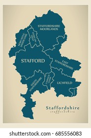 Modern Map - Staffordshire county with district captions England UK illustration