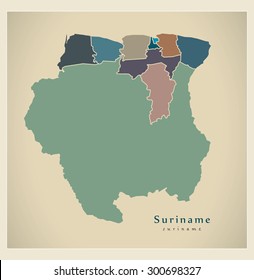 Modern Map - Suriname with districts colored SR