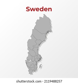 Eine moderne Karte von Schweden mit einer Unterteilung in Regionen auf grauem Hintergrund mit rotem Titel.