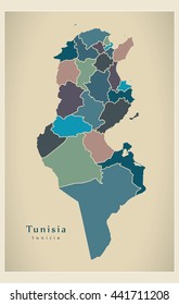 Modern Map - Tunisia with governorates colored TN