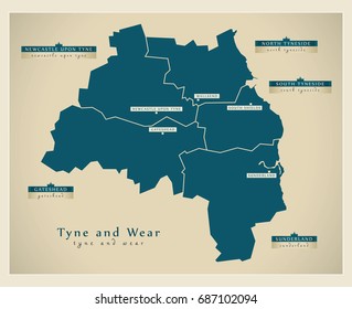 Modern Map - Tyne and Wear metropolitan county England UK illustration