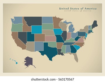 Modern Map - USA with coloured federal states illustration silhouette