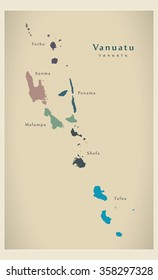 Modern Map - Vanuatu colored provinces with names VU