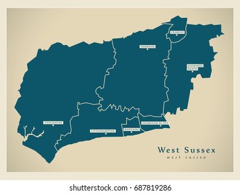 Modern Map - West Sussex county with cities and districts England UK illustration