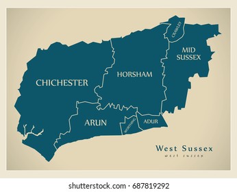 Modern Map - West Sussex county with district captions England UK illustration
