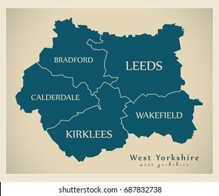 Modern Map - West Yorkshire metropolitan county with distirct captions England UK