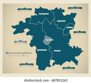 Modern Map - Worcestershire county with district labels England UK illustration