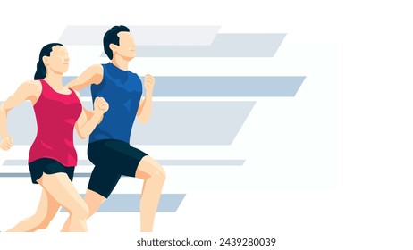 Moderne Marathon Illustration auf weißem Hintergrund. Mann und Frau laufen in roten und blauen T-Shirts. Perfekt für Marathon- und Laufveranstaltungen