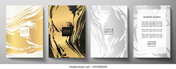 
Modern marble (abstract liquid) cover design set. Luxury gold and silver background with guilloche line pattern. Premium vector collection for business brochure, poster, notebook, menu template