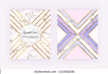 Modern marble backgrounds with gold geometric lines, pastel colors triangles shapes. Trendy cover for invitation, placard, birthday, brochure, banner, layout, card, flyer, website, social media