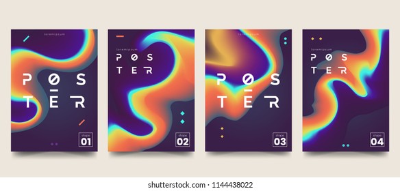 Modern marble ink poster collection. Abstract liquid shape on dark background. Color gradient splashes. Design element for card, banner, poster, identity, web design. Vector eps 10.