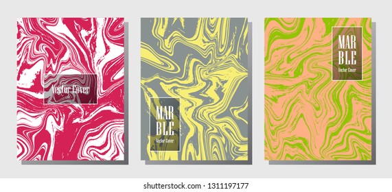 Modern marble prints, vector cover design templates. Fluid marble stone texture iInteriors fashion magazine backgrounds  Corporate journal patterns set of liquid oil waves. Splash effect prints.