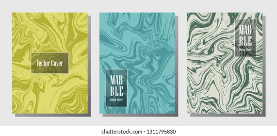 Modern marble prints, vector cover design templates. Fluid marble stone texture iInteriors fashion magazine backgrounds  Corporate journal patterns set of liquid oil waves. Report covers.