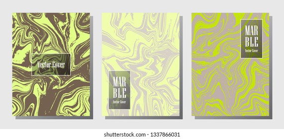 Modern marble prints, vector cover design templates. Fluid marble stone texture iInteriors fashion magazine backgrounds  Corporate journal patterns set of liquid oil waves. Splash effect prints.