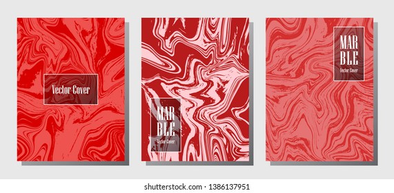 Modern marble prints, vector cover design templates. Fluid marble stone texture iInteriors fashion magazine backgrounds  Corporate journal patterns set of liquid oil waves. Cover pages set.