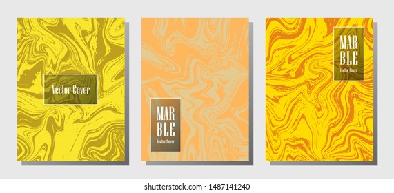 Modern marble prints, vector cover design templates. Fluid marble stone texture iInteriors fashion magazine backgrounds Corporate journal patterns set of liquid ink waves. Cover pages set.