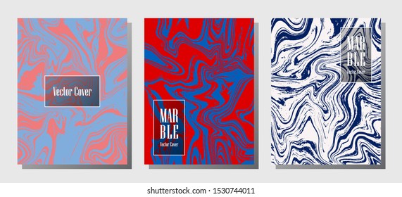Modern marble prints, vector cover design templates. Fluid marble stone texture iInteriors fashion magazine backgrounds  Corporate journal patterns set of liquid clay waves. Notebook prints set.