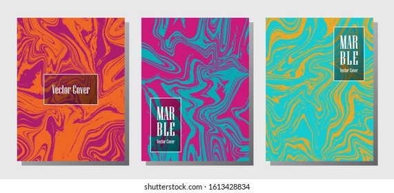 Modern marble prints, vector cover design templates. Fluid marble stone texture iInteriors fashion magazine backgrounds  Corporate journal patterns set of liquid paint waves. Splash effect prints.