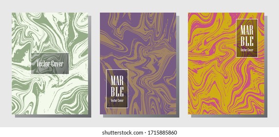Impresiones de mármol moderno, plantillas de diseño de portada vectorial. Textura de mármol fluido iInteriors de la revista de moda fondos de revista de la revista de la revista de la empresa patrones de diario conjunto de ondas de tinta líquida. Portada definida.
