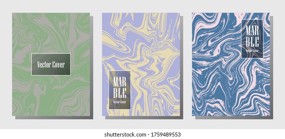 Moderne Marmordrucke, Vektorgrafik-Design-Vorlagen. Die Modemagazin-Hintergründe aus flüssigem Marmor-Stein-Textur iInteriors zeichnen die Zeitschriftenmuster von Corporate aus, die aus flüssigen Tonwellen bestehen. Einladungskarten-Set.